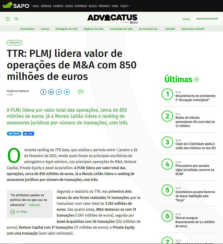 TTR: PLMJ lidera valor de operaes de M&A com 850 milhes de euros